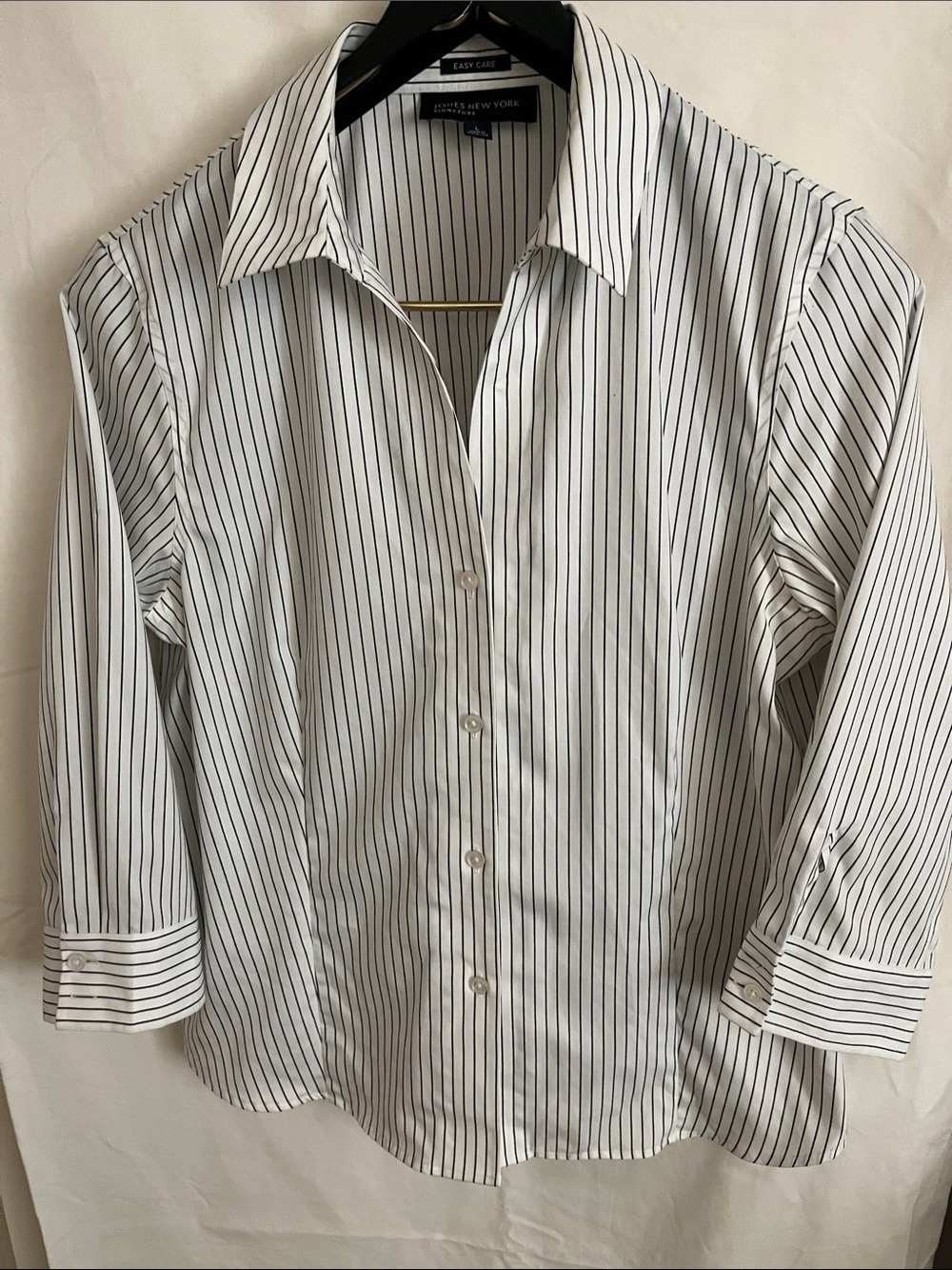 Jones New York White Button-Up Blouse with Black Pinstripes